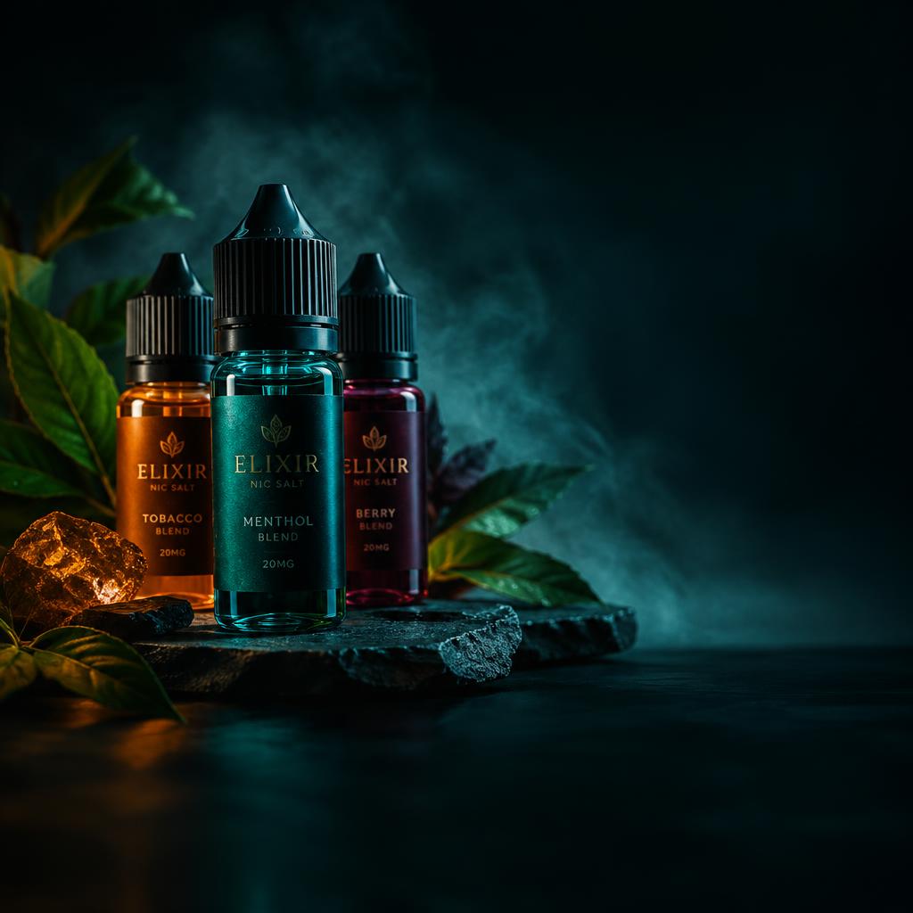 Nic salt e-liquid bottles in jewel tones on dark slate