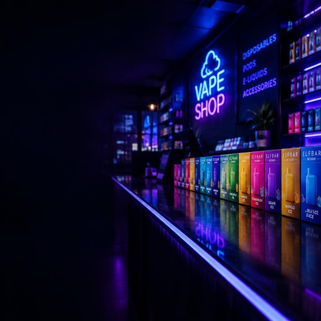 Vape shop counter lit by neon with colourful product boxes